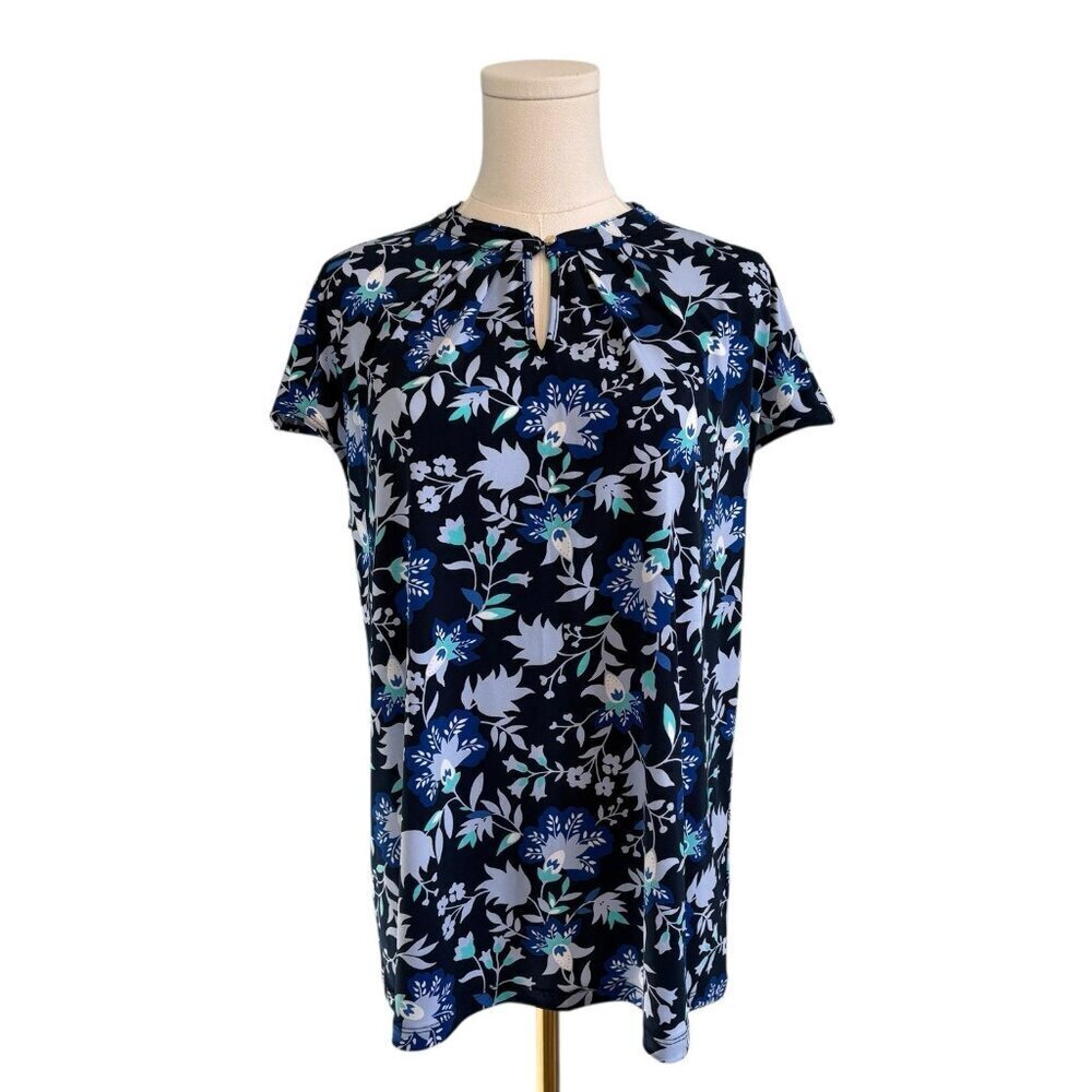 Liz Claiborne Women's Large Blue Floral Soft Stretch Work Causal Cap Sleeve Top